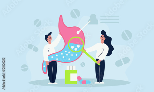 Gastroenterology stomach and endoscope anatomy doctor. Medical gastroscopy system pain vector illustration. Ambulance for infection inflammation to internal organ. Healthcare gastric or gut tract