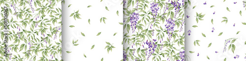 Set of seamless patterns with purple wisteria and green leaves on a white background. Texture in Asian style. Suitable for fabric, paper, textile, wallpaper