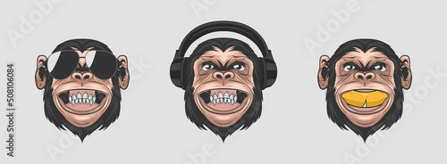 Dont See Dont Hear Dont Speak. Vector Smiling Chimpanzee Ape with Sunglasses, Headphones, Banana, Typography Quote. Funny Monkey Head for Wall Art, T-shirt Print, Poster. Cartoon Cute Chimp Monkey
