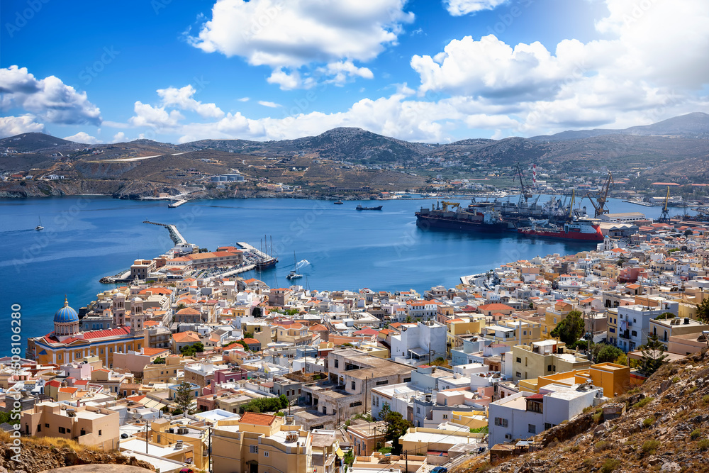 Elevated, panoramic view of Ermoupoli, capital city of the Cyclades islands, Syros, Greece, on a sunny summer day