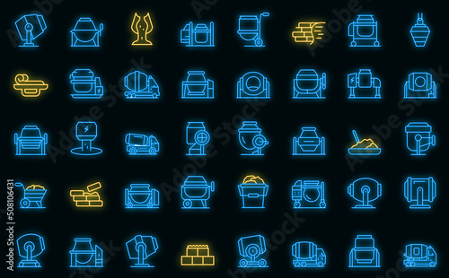 Concrete mixer icons set outline vector. Cement truck. Auto blender vector neon