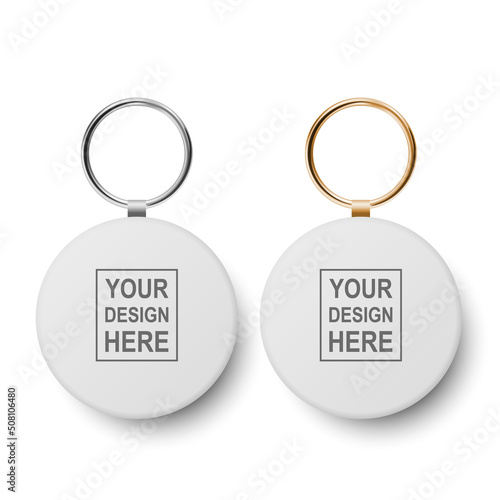 Vector 3d Realistic Blank White Round Keychain with Ring and Chain for Key Isolated on White. Button Badge with Ring Set. Plastic, Metal ID Badge with Chains Key Holder, Design Template, Mockup