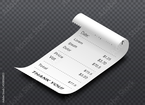 Isometric cash receipt. Curved bill from supermarket. Financial literacy and income calculation. Daily affairs, routine and purchase of necessary products and goods. Realistic vector illustration