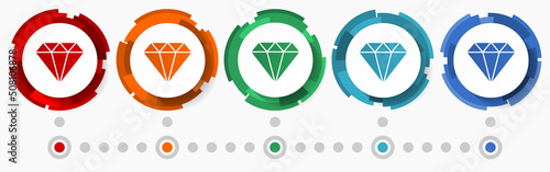 Diamond, jewel concept vector icon set, modern design abstract web buttons in 5 color options, infographic template for webdesign and mobile apps