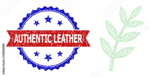 Mesh flora plant polygonal wireframe icon, and bicolor grunge Authentic Leather stamp. Red stamp contains Authentic Leather tag inside ribbon and blue rosette.
