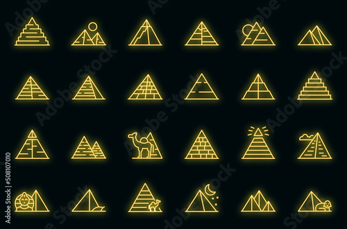 Pyramids egypt icons set outline vector. Cairo sphinx. Pharaoh giza vector neon