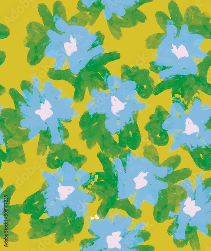 Simple Hand Drawn Irregular Floral Seamless Vector Pattern. Cute Blue Flowers on a Yellow Background. Infantile Style Abstract Garden Vector Print Ideal for Fabric. Cool Daisy Pattern.