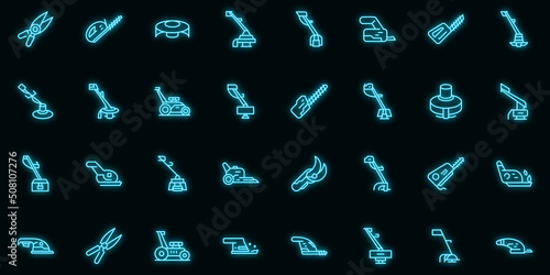 Garden trimmer icons set outline vector. Clipper backyard. Care cutter vector neon