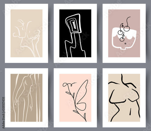 Abstract modern printable art wall banners or posters set for interior design. Collection of minimalistic neutral modern artworks for print. Vector illustration. 