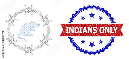 Mesh net rat arrest polygonal frame icon, and bicolor rubber Indians Only seal stamp. Red seal has Indians Only caption inside ribbon and blue rosette. Vector carcass polygonal net rat arrest icon.