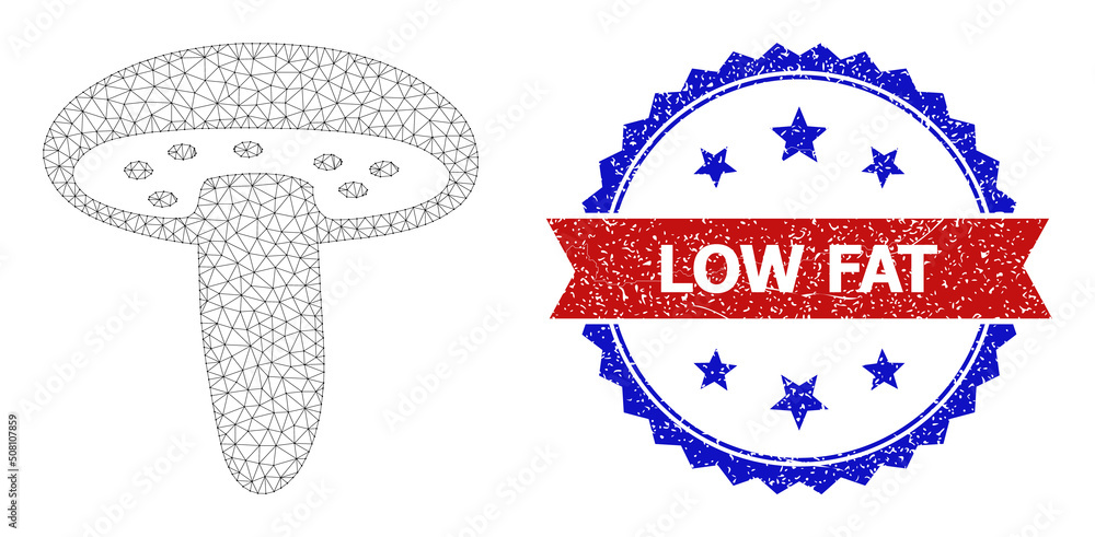 Network mushroom polygonal frame icon, and bicolor textured Low Fat seal stamp. Red seal has Low Fat text inside ribbon and blue rosette. Vector frame polygonal network mushroom icon.