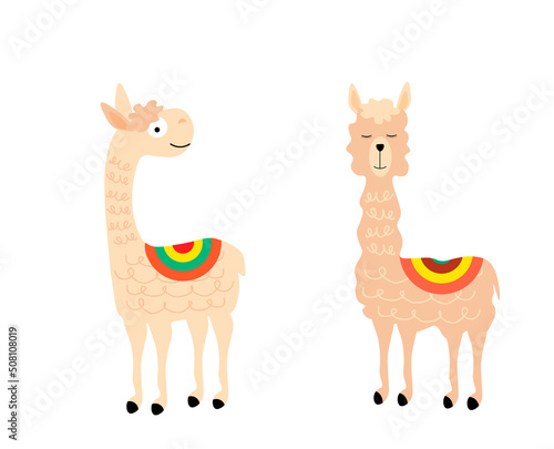 Print with two llamas. For holidays  cards and invitations  covers and brochures  prints for children  interior design  packaging and fabrics. Vector illustration.