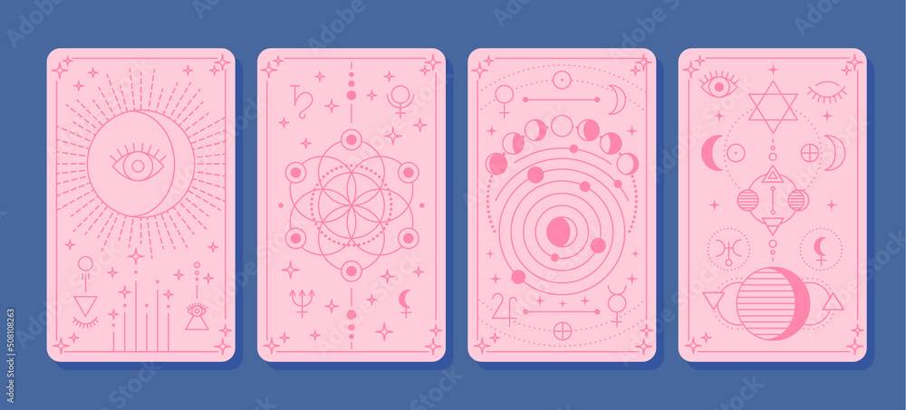 Cartoon Color Magical Tarot Cards Set Esoteric, Mystic and Spiritual Prediction Concept Flat Design Style. Vector illustration