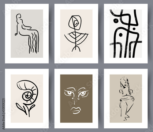 Set of hand drawn printable scandinavian design artworks for indoors decoration. Collection of posters or banners for print in Nordic style. Abstract, woman silhouette. Vector illustration. 