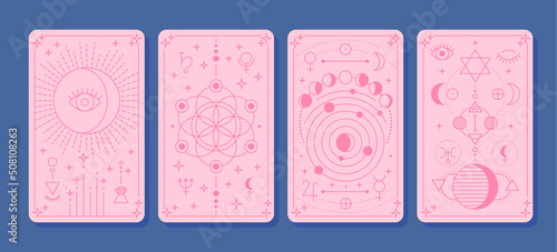 Cartoon Color Magical Tarot Cards Set Esoteric, Mystic and Spiritual Prediction Concept Flat Design Style. Vector illustration
