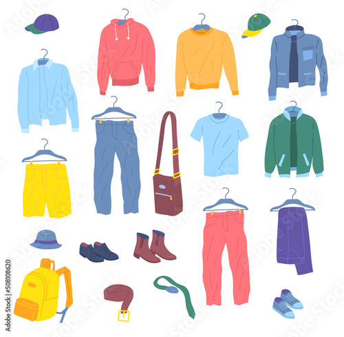 Cartoon Color Male Clothes Hanging Men Capsule Wardrobe Concept Flat Design Style. Vector illustration