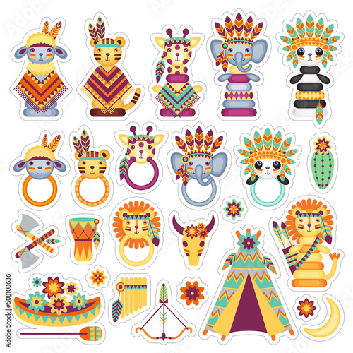 Set of vector cartoon icons with toys in the theme of the American Indians on a white bakground. Children's holiday, kids' party, stickers, games, baby shower.