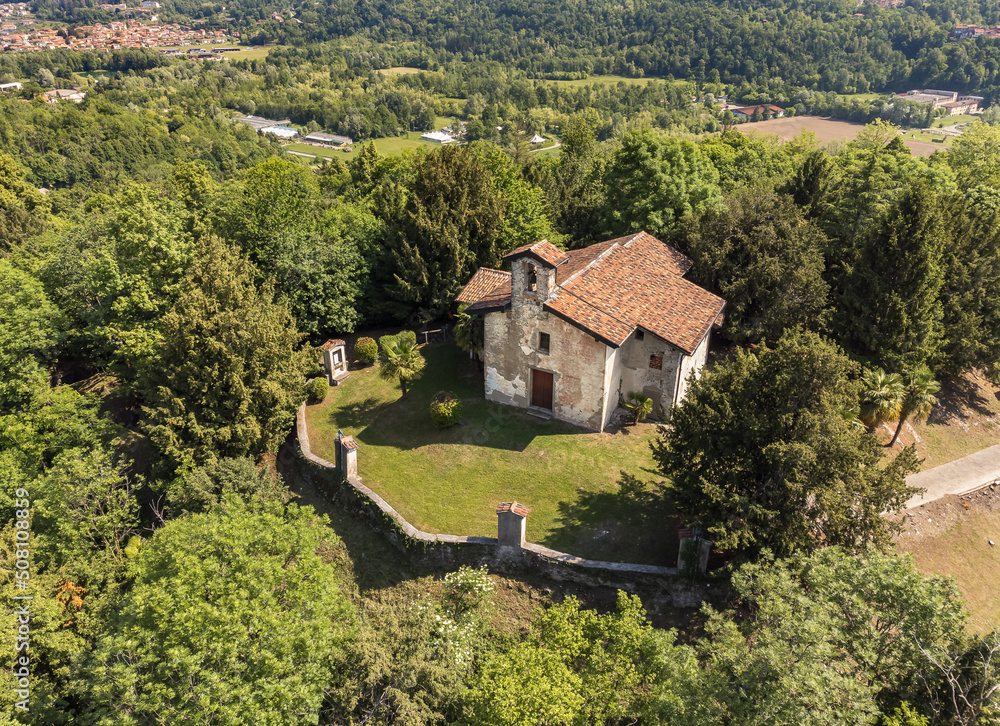 Aerial view of Ancient Church of Saint Giuseppe in Cassano Valcuvia, province of Varese, Lombardy, Italy Aerial view of Ancient Church of Saint Giuseppe in Cassano Valcuvia, province of Varese, Lombardy, Italy
