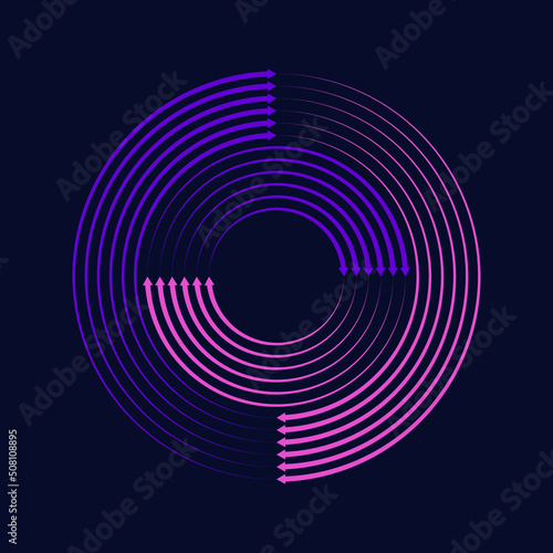 Pink and violet speed lines with arrow heads. Geometric art. Design element for border frame, round logo, blackout tattoo, sign, symbol, web pages, prints, template, pattern and abstract background