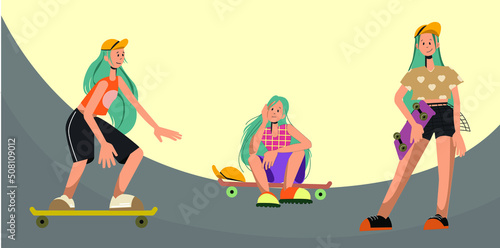 Young happy girl  smiling with skateboard in front of grey wall. Vector illustration of young person go surfing with skateboard or surf skate at ramp track or skate park on modern style.