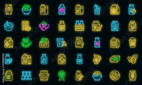 Vegetable milk icons set outline vector. Soy almond. Coconut soya vector neon