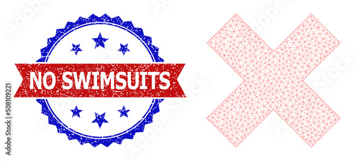 Net mesh x-cross delete polygonal framework icon, and bicolor unclean No Swimsuits seal stamp. Red stamp includes No Swimsuits title inside ribbon and blue rosette.