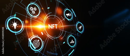 NFT Non-fungible token digital crypto  on virtual screen. 3d illustration photo