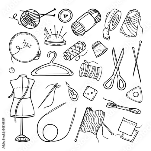 Needlework sewing knitting a large set of Hand made elements Vector illustration on a white background