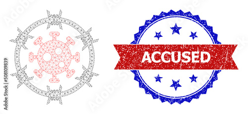 Net mesh virus jail polygonal wireframe icon, and bicolor unclean Accused seal. Red stamp has Accused caption inside ribbon and blue rosette. Vector carcass polygonal mesh virus jail icon.