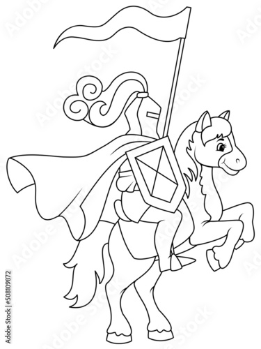 Rider on horseback, vintage warrior isolated. Page outline of cartoon. Vector illustration, coloring book for kids.