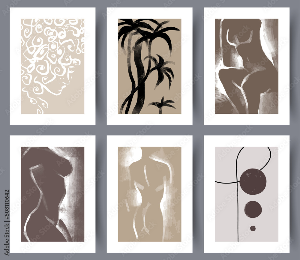 Set of neutral women silhouettes posters for print. Collection of modern art wall designs for interior decoration. Vector illustration. 