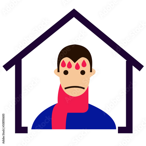 Vector illustration of staying at home when sick or not feeling well is visualized by a combination of the shape of a person sweating profusely with a shawl around his neck and a house icon.