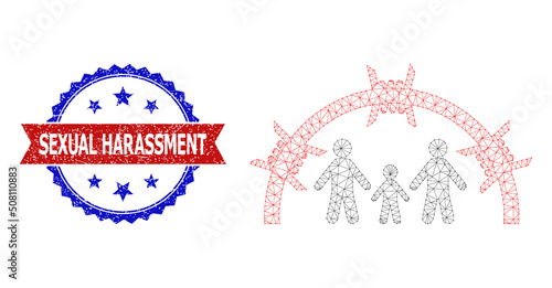 Mesh net family jail dome polygonal frame icon, and bicolor grunge Sexual Harassment seal. Red seal has Sexual Harassment caption inside ribbon and blue rosette.