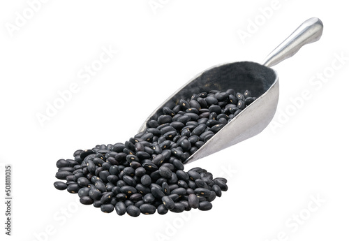 metal spoon or scoop with black beans isolated on white background.