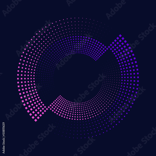 Tiny pink and violet squares in ring form. Halftone dots. Trendy design element for border frame, round logo, blackout tattoo, sign, symbol, web pages, prints, template, pattern, abstract background