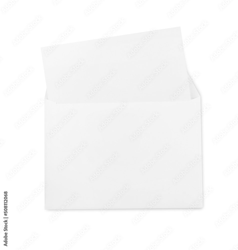 Envelope with blank letter on white background, top view Envelope with blank letter on white background, top view