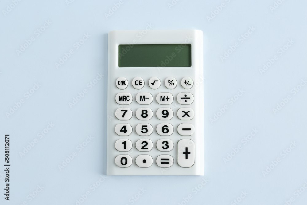 Modern calculator on white background, top view Modern calculator on white background, top view