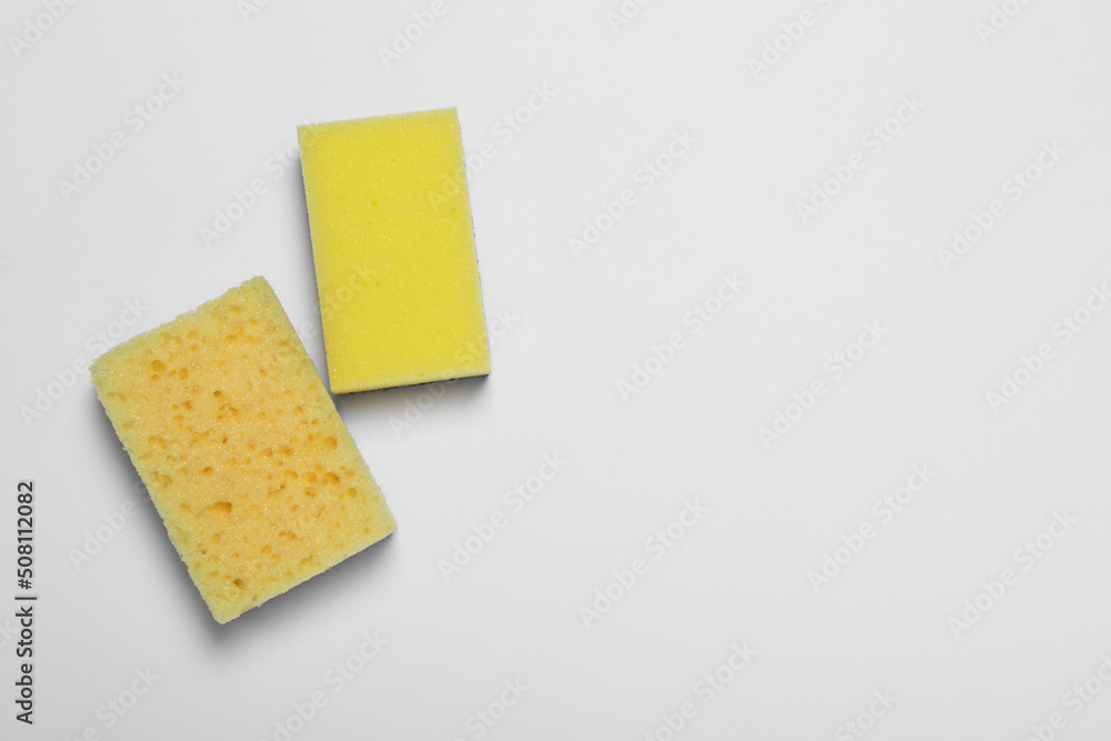 Sponges on white background, flat lay. Space for text Sponges on white background, flat lay. Space for text