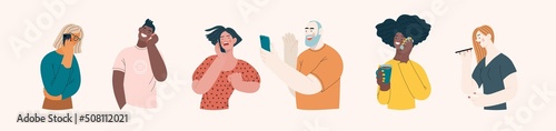 People portraits -Talking on the phone -Modern flat vector concept illustrations of man and women of various races talking on phone, half-length portrait, user avatar. Creative web illustartion set