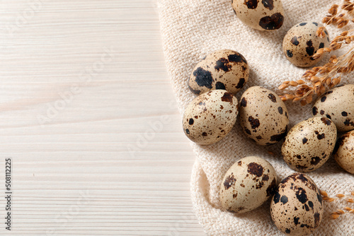Fresh quail eggs and dry plants on white wooden table, flat lay. Space for text