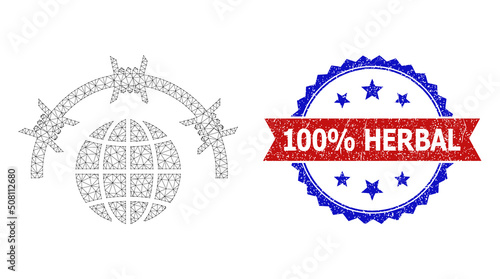 Net mesh world jail polygonal frame icon, and bicolor rubber 100% Herbal seal. Red stamp seal contains 100% Herbal tag inside ribbon and blue rosette. Vector carcass polygonal net world jail icon.