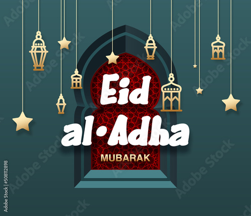 Eid Al Adha Mubarak islamic celebration card with flat hang lantern Fanous on ornament pattern in arch window door in wall. tr from Arabic: Feast of the Sacrifice. kurban bayraminiz greeting banner