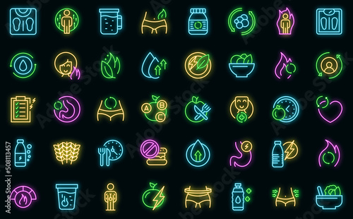 Metabolism icons set outline vector. Torso health. Detox balance vector neon