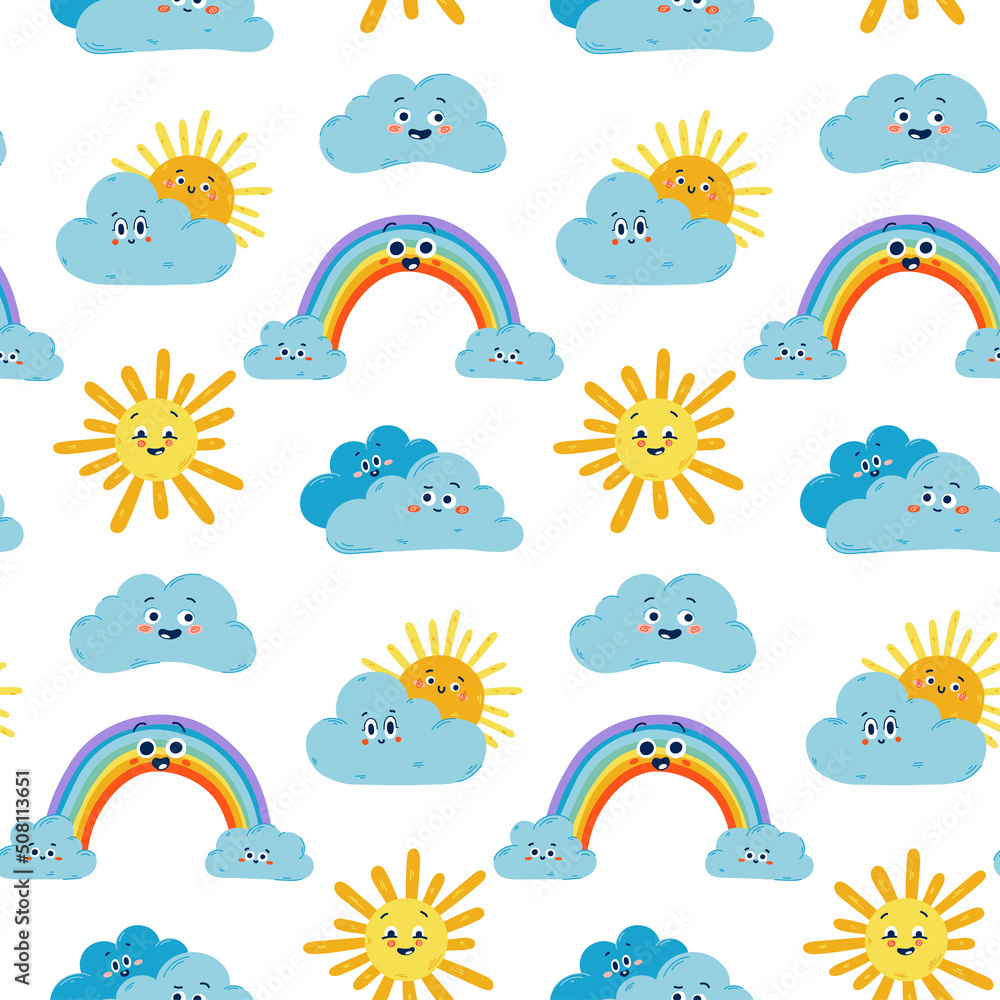 Vector samless pattern with cute smiling Sun, rainbow and clouds. Good weather hand drawn background for kids fashion, nursery, baby shower