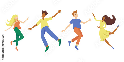 Happy free people flying, floating and jumping in air. Concept of freedom, development and aspirations. Men and women moving forward. Colored flat vector illustration isolated on white background