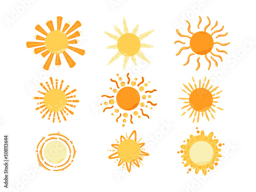 Yellow sun icons vector symbol set. Collection of hand drawn sun