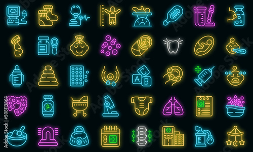 Baby health icons set outline vector. Breast milk. Mom pump vector neon