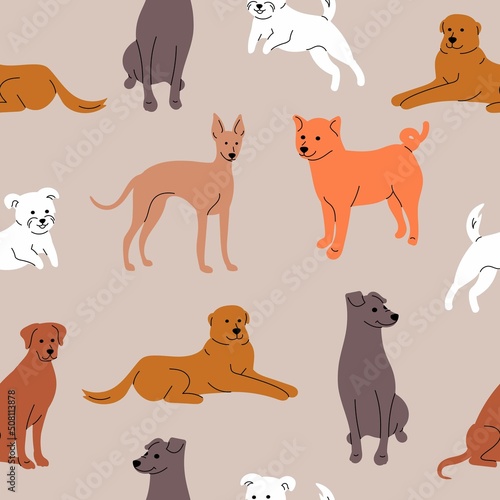 Vector trendy seamless pattern with different dogs: dachshund, jack russell, terrier, doberman. Animal pattern, for textile, nursery decor, fabric