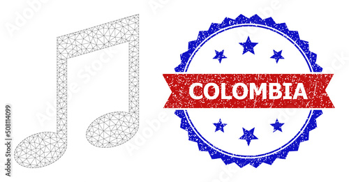 Net mesh music notation polygonal carcass icon, and bicolor scratched Colombia stamp. Red badge contains Colombia tag inside ribbon and blue rosette. Vector carcass polygonal net music notation icon.