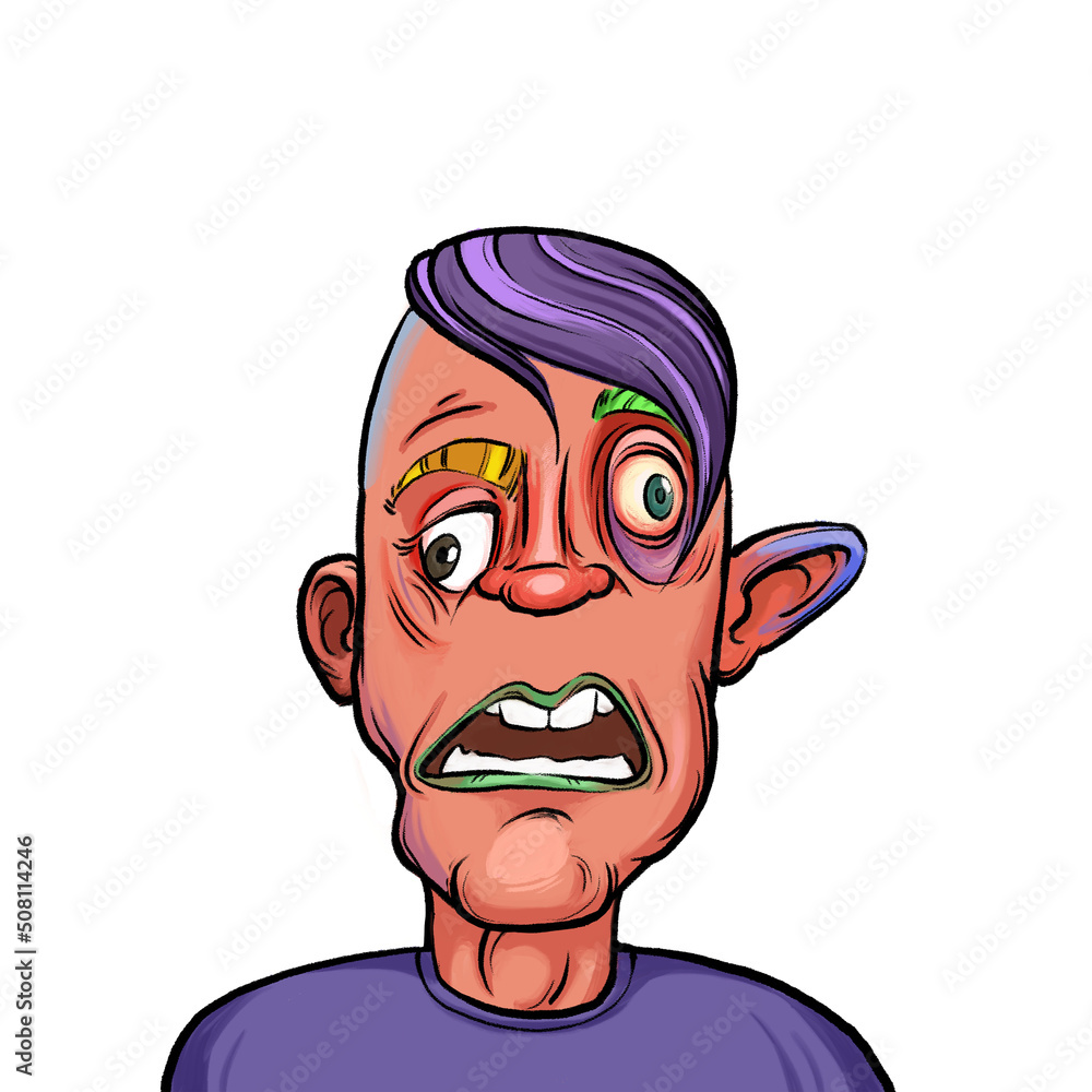 Caricature humor illustration of imaginary cartoon person with funny facial expression isolated on white background